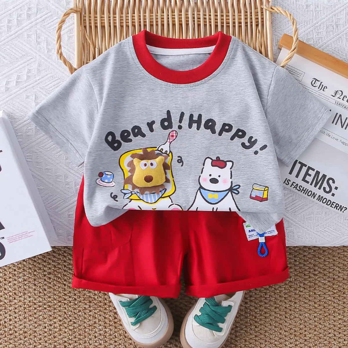 Happy Bear Graphic Set β Grey & Red Combo
